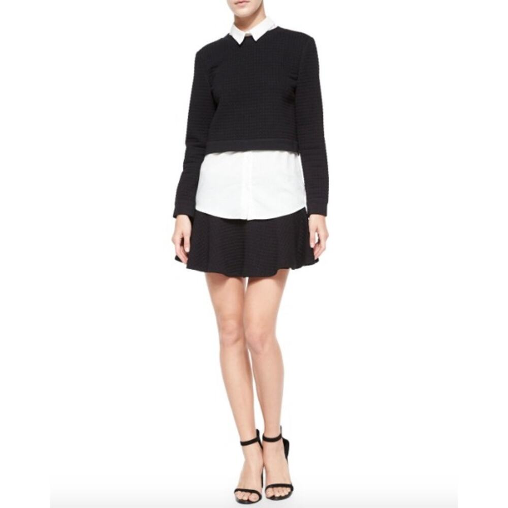 Alice + Olivia Employed Faux Layered Knit Pullover Black White Embossed XS $348